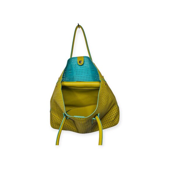 Big Buddha Yellow Perforated Tote Handbag Turquoise Lining Built-In Wallet - Picture 4 of 8